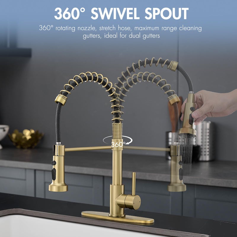 AIMADI Gold Kitchen Faucet with Pull Down Sprayer,Commercial Single Handle Brushed Gold Kitchen Sink Faucet with Deck Plate - Image 3